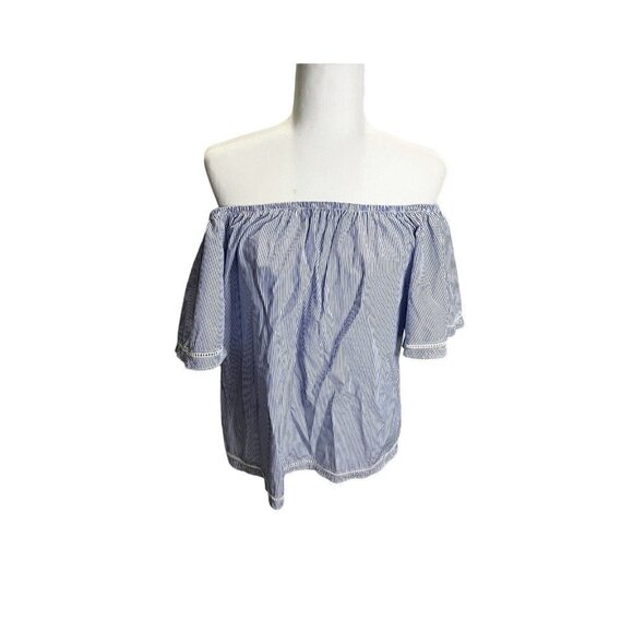 Lipslide Women Blouse Blue White Striped M Off The Shoulder Boho Spring - Picture 1 of 5